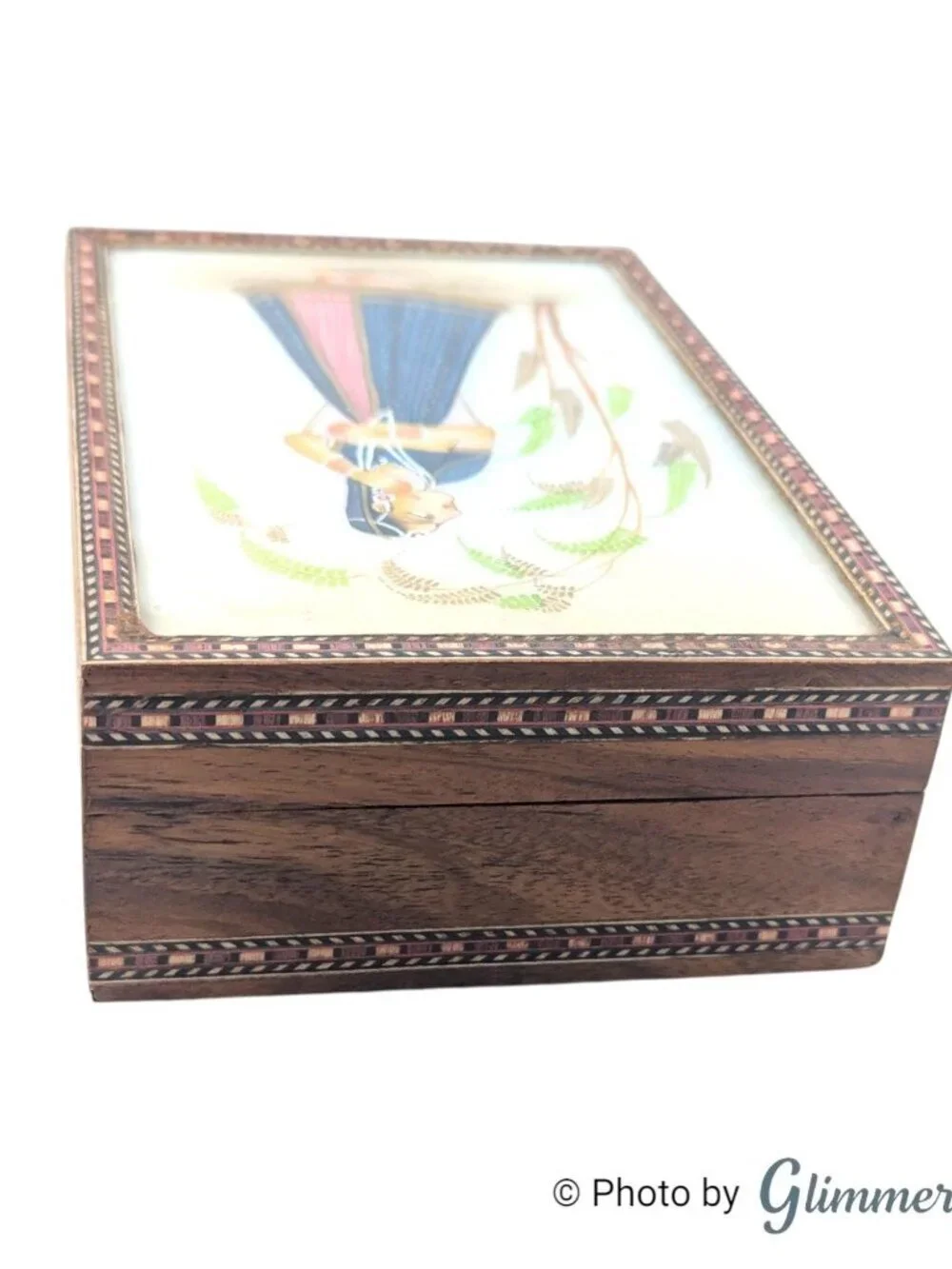 Vintage Indian Inlay Rajasthani Art Blue Lined Glass Lid Wood Jewelry Box
